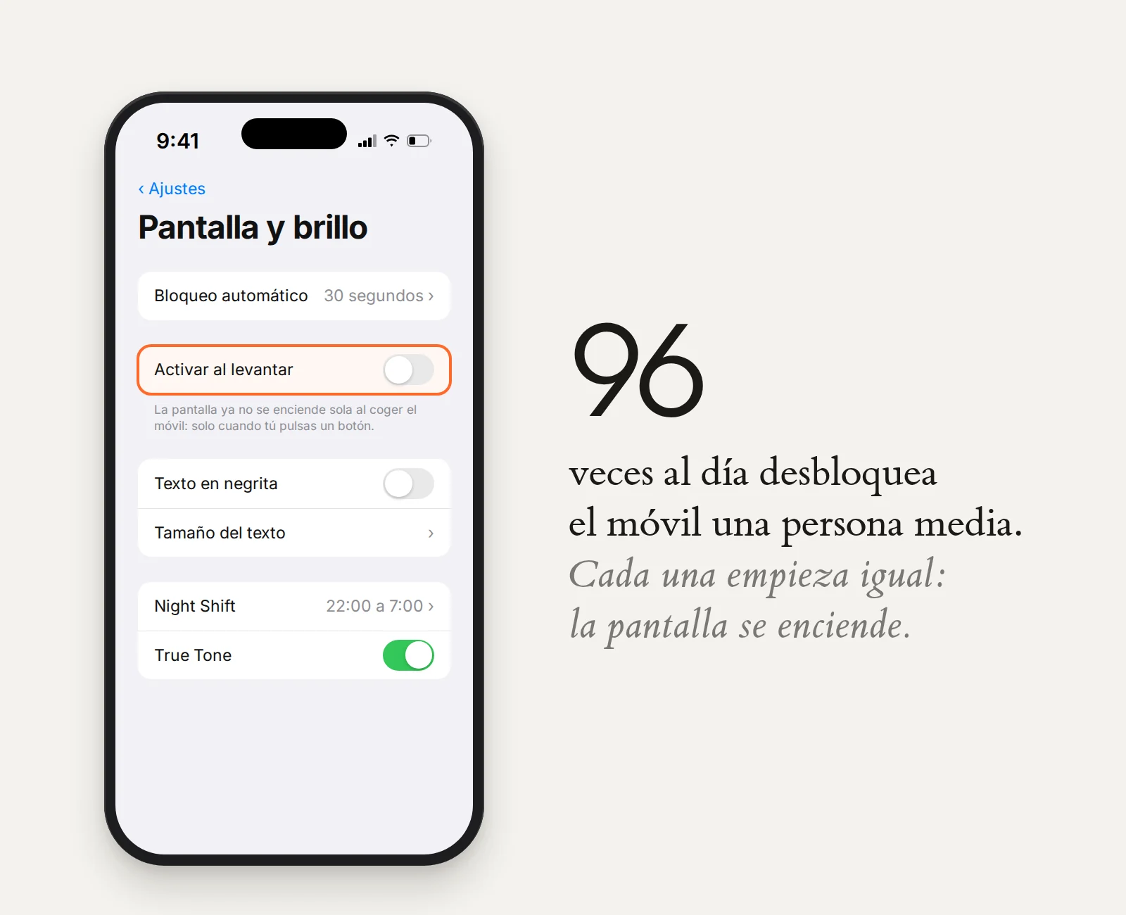 Ajustes de Pantalla y brillo del iPhone con la opción Activar al levantar desactivada