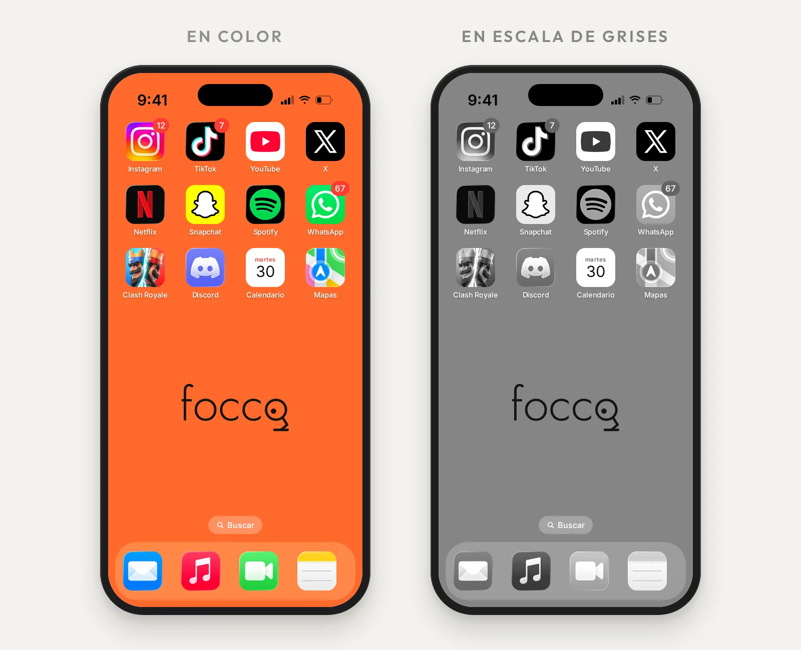 La misma pantalla de inicio en color y en escala de grises