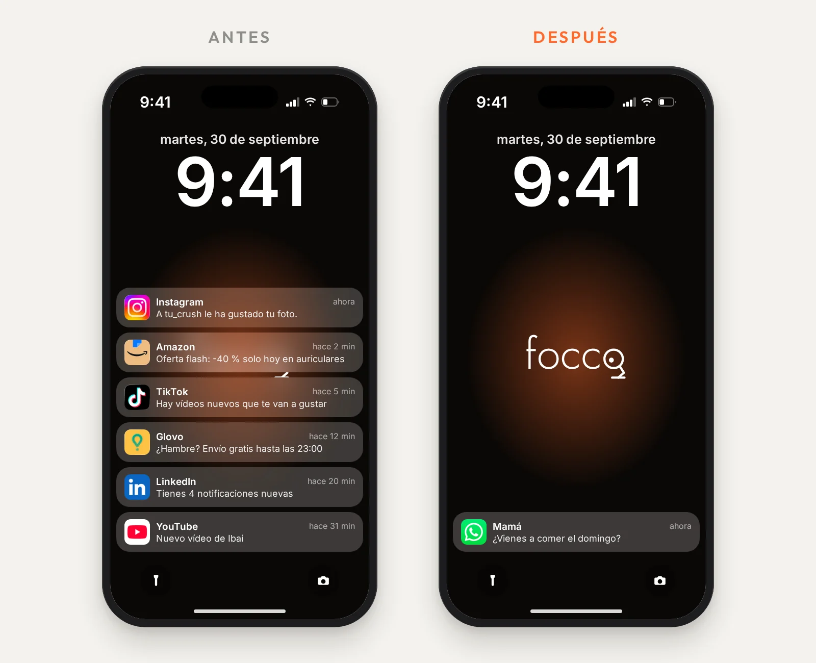 Pantalla de bloqueo antes, llena de avisos de Instagram, Amazon, TikTok, Glovo, LinkedIn y YouTube, y después, con un solo mensaje de WhatsApp de una persona