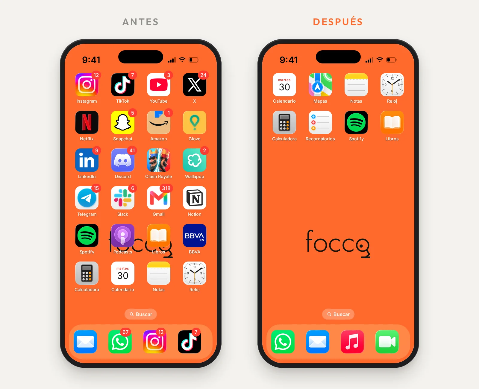 Pantalla de inicio antes, con cuatro páginas de apps y globos rojos, y después, con ocho apps útiles y sin globos